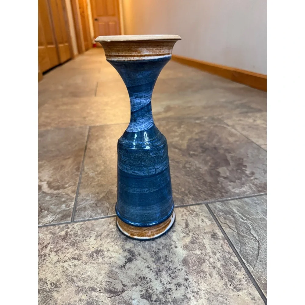 Studio Pottery Hand Thrown Blue Brown Glaze Hourglass Vase Signed WC Artisan